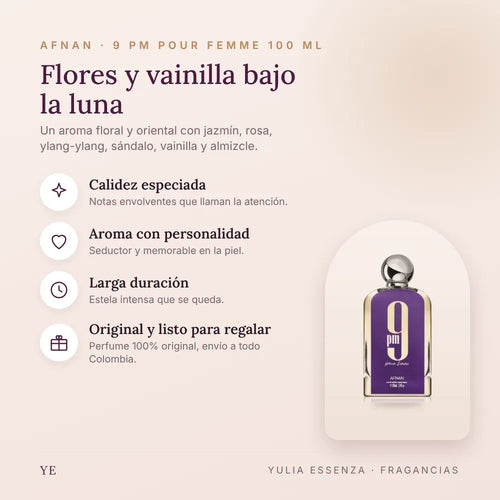 Afnan 9 PM Pour Femme 100 ml original: beneficios y notas