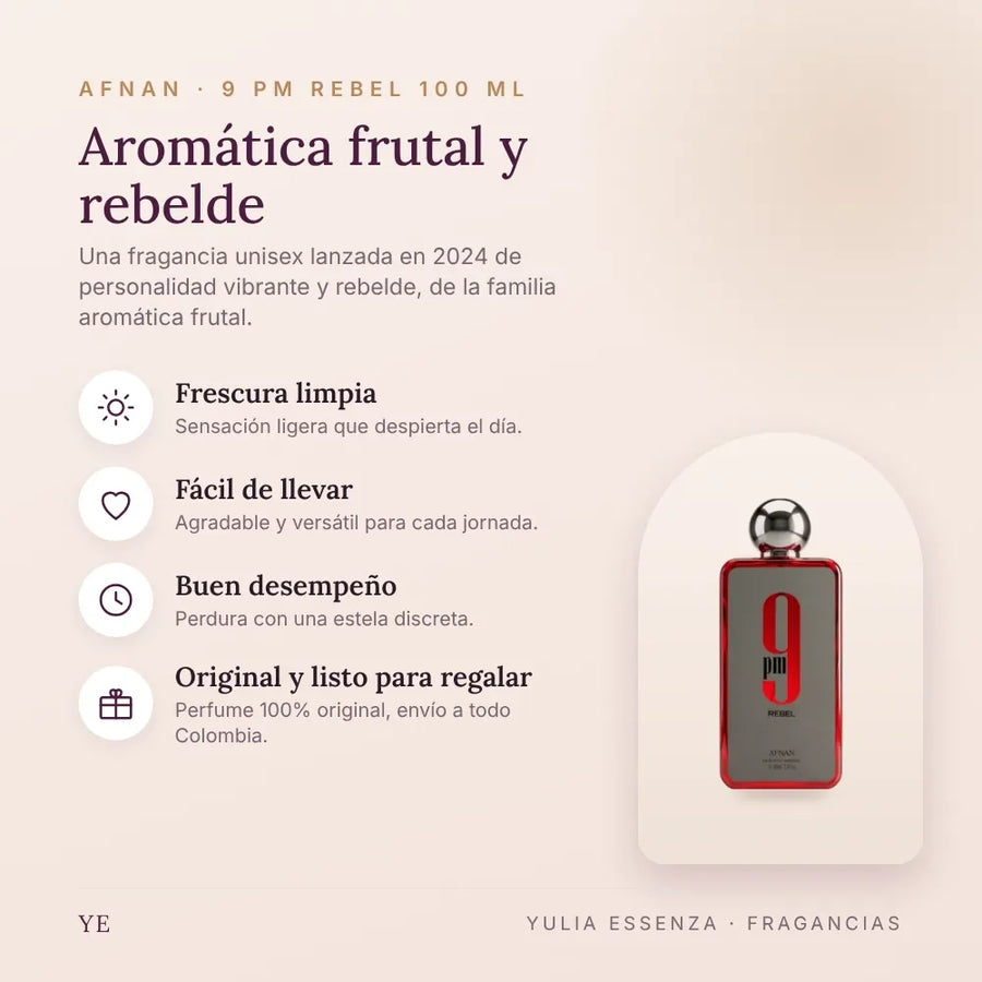 Afnan 9 PM Rebel 100 ml original: beneficios y notas