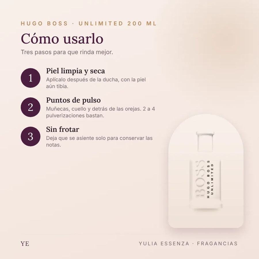 Cómo aplicar Hugo Boss Unlimited 200 ml