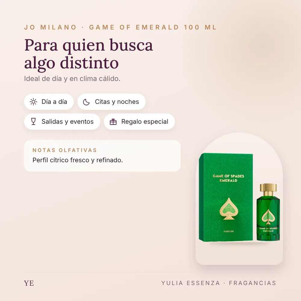 Jo Milano Game of Emerald 100 ml: para quién es y ocasiones