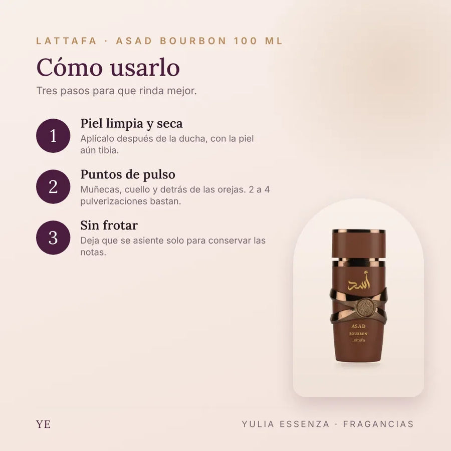 Cómo aplicar Lattafa Asad Bourbon 100 ml