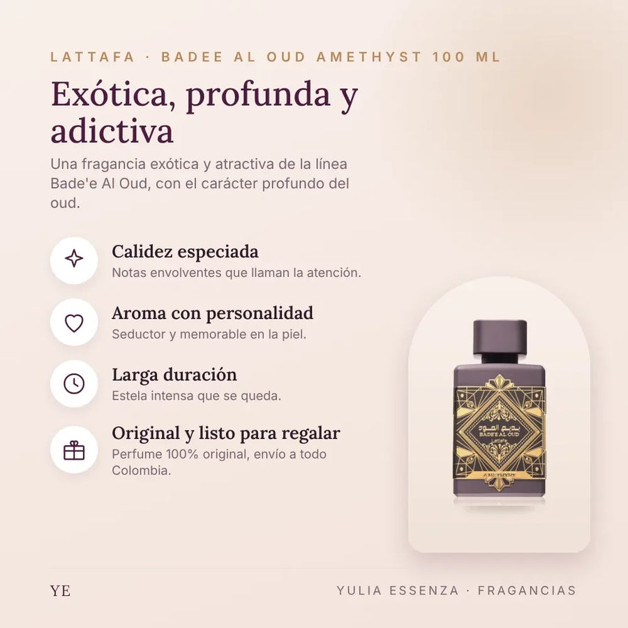 Lattafa Badee Al Oud Amethyst 100 ml original: beneficios y notas