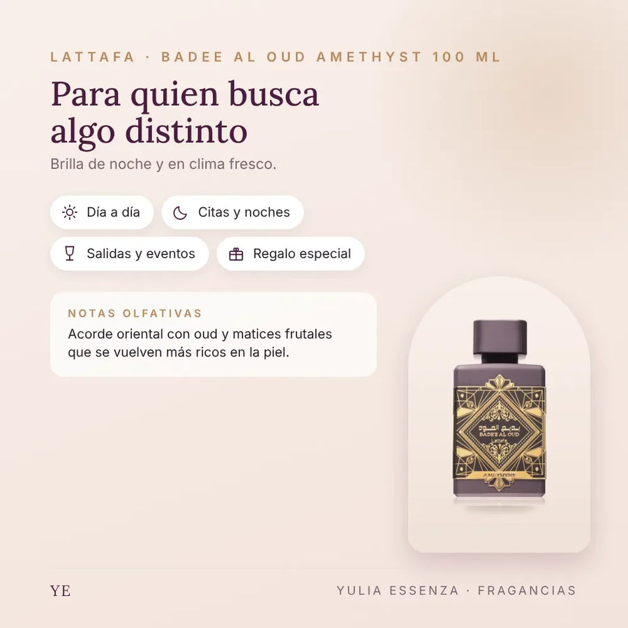 Lattafa Badee Al Oud Amethyst 100 ml: para quién es y ocasiones