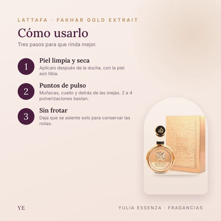 Cómo aplicar Lattafa Fakhar Gold Extrait 100 ml
