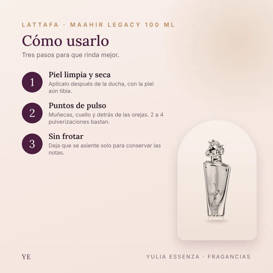 Cómo aplicar Lattafa Maahir Legacy 100 ml