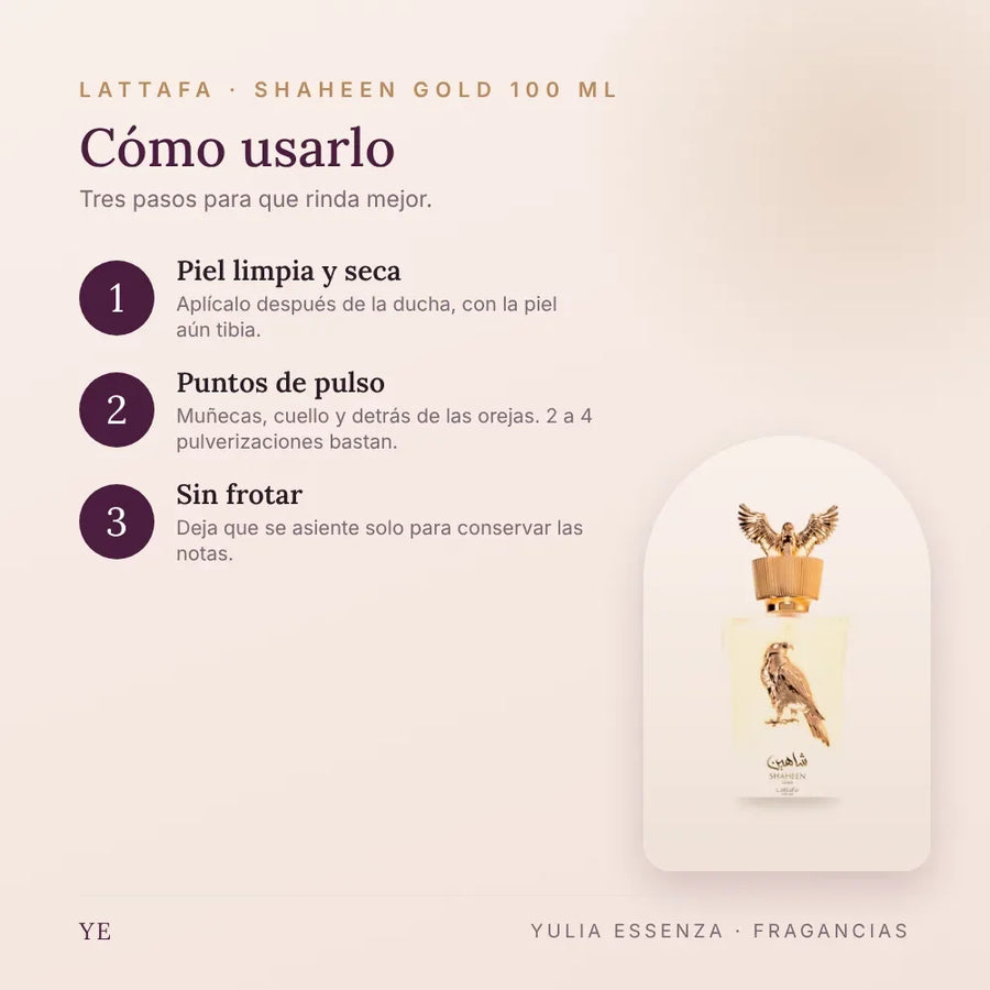 Cómo aplicar Lattafa Shaheen Gold 100 ml